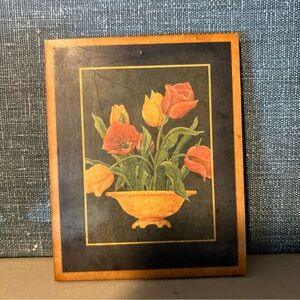 1936 Art Printed on Wood Jean Beasley, "TULIPS" Mini Wall Wood  Art Shelf Decor